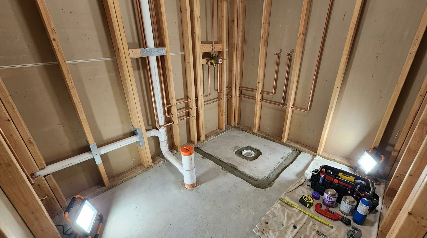 Bathroom rough-in plumbing during remodel by Johns Plumbing LLC in Sitka
