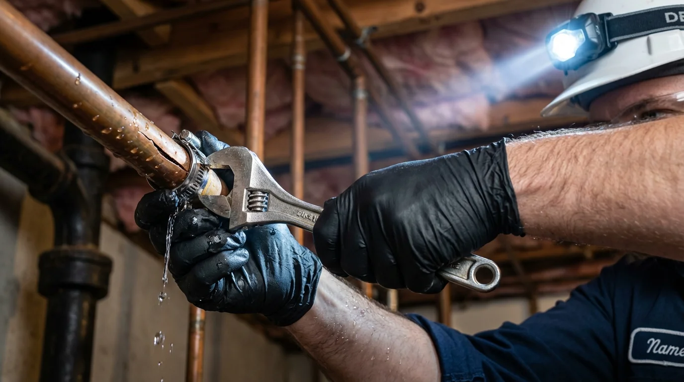 Emergency pipe clamp repair being performed by a Johns Plumbing LLC plumber in Sitka