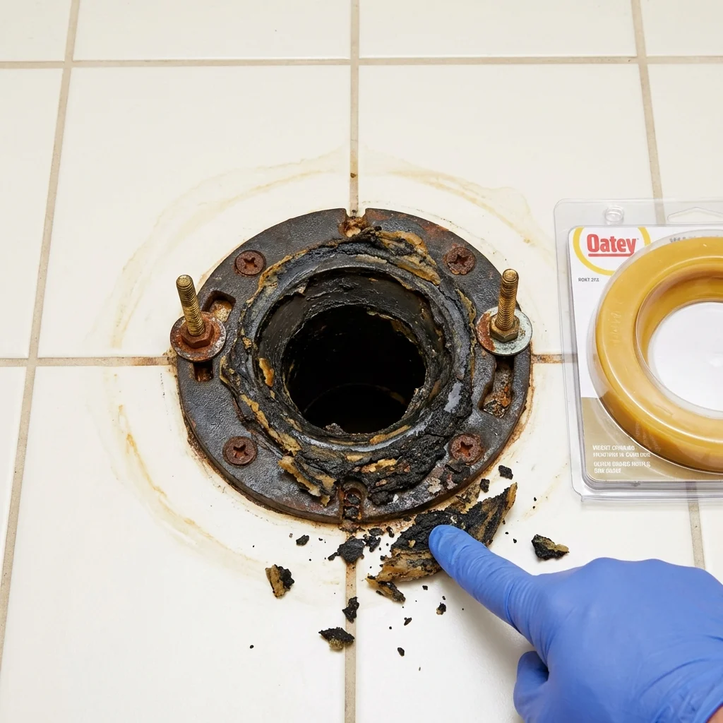 Failed wax ring showing water seepage at the base of a toilet in a Sitka, AK home