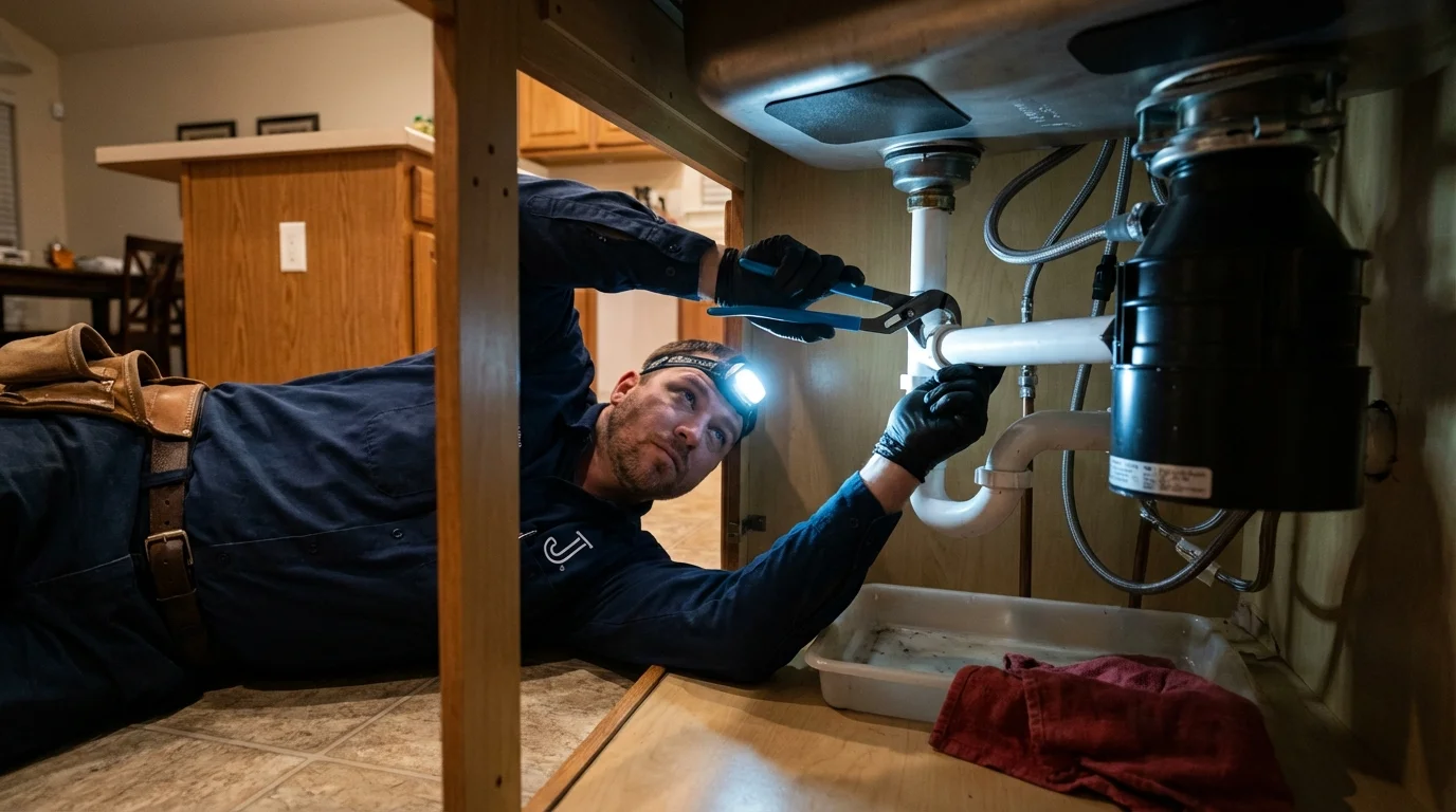 P-trap and supply line connections under a kitchen sink showing a common leak point in Sitka, AK
